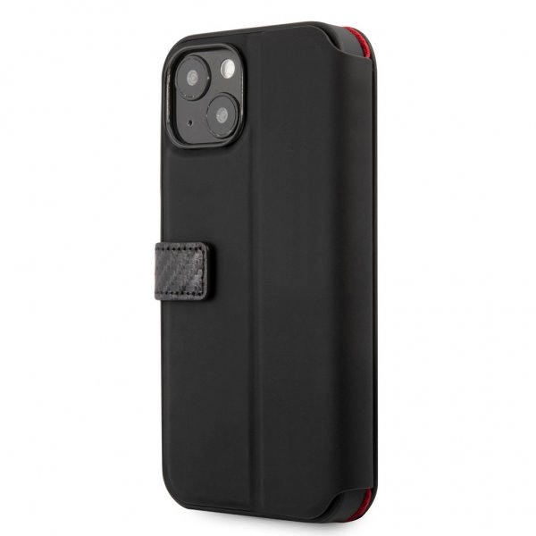 Ferrari iPhone 13 Mini Cover Carbon Effect Metal Logo Vertical Stripe Sort