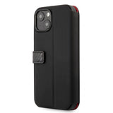 Ferrari iPhone 13 Mini Cover Carbon Effect Metal Logo Vertical Stripe Sort