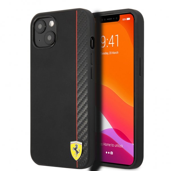 Ferrari iPhone 13 Cover Carbon Effect Metal Logo Vertikal Stribe Sort