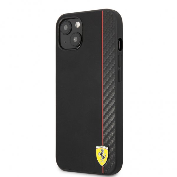 Ferrari iPhone 13 Cover Carbon Effect Metal Logo Vertikal Stribe Sort