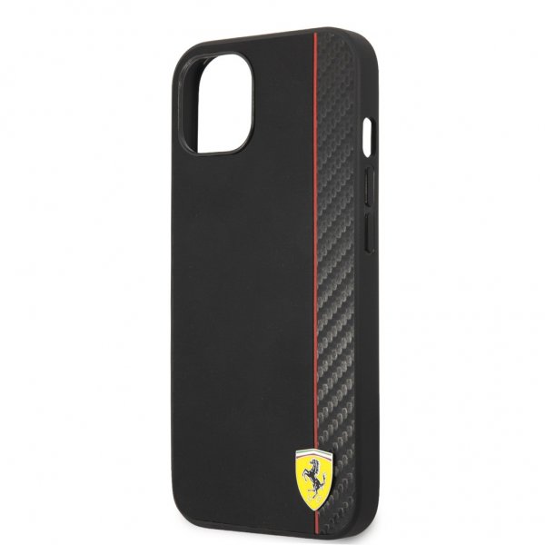 Ferrari iPhone 13 Cover Carbon Effect Metal Logo Vertikal Stribe Sort