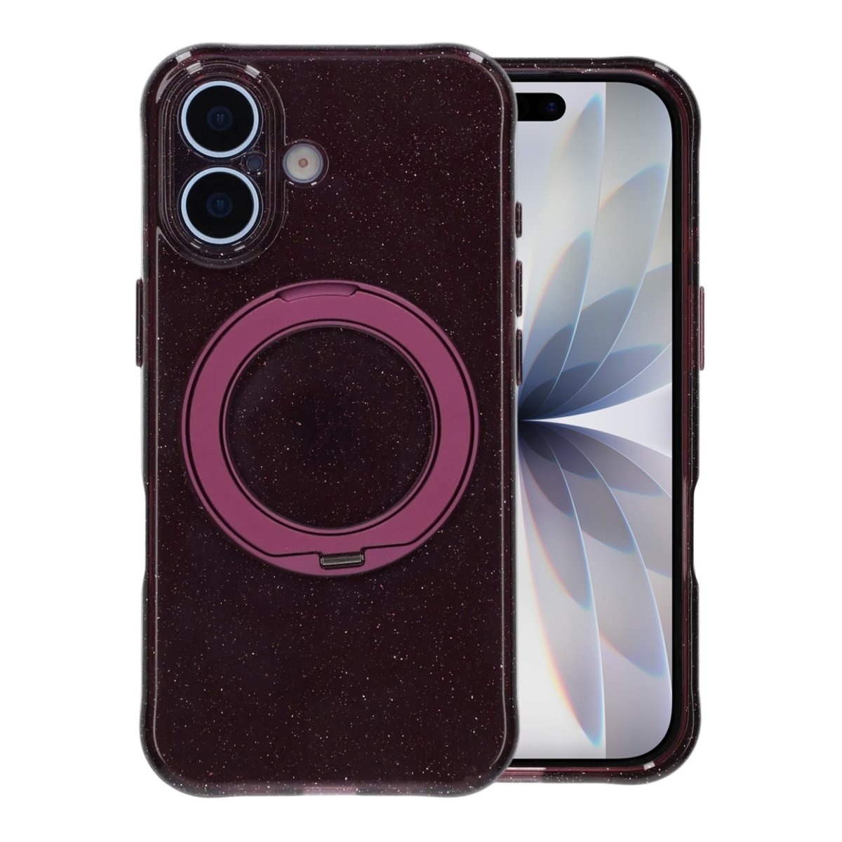 iPhone 17 Cover Glitter Stativ MagSafe Mørkerød