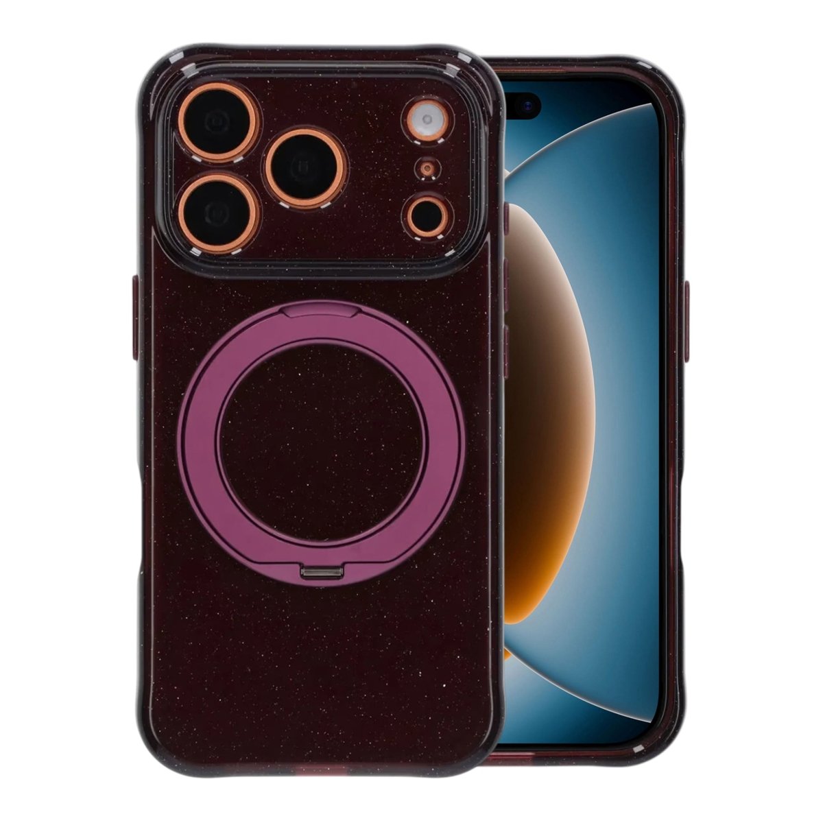 iPhone 17 Pro Max/iPhone 18 Pro Max Cover med glitter, stativ og MagSafe mørkerød