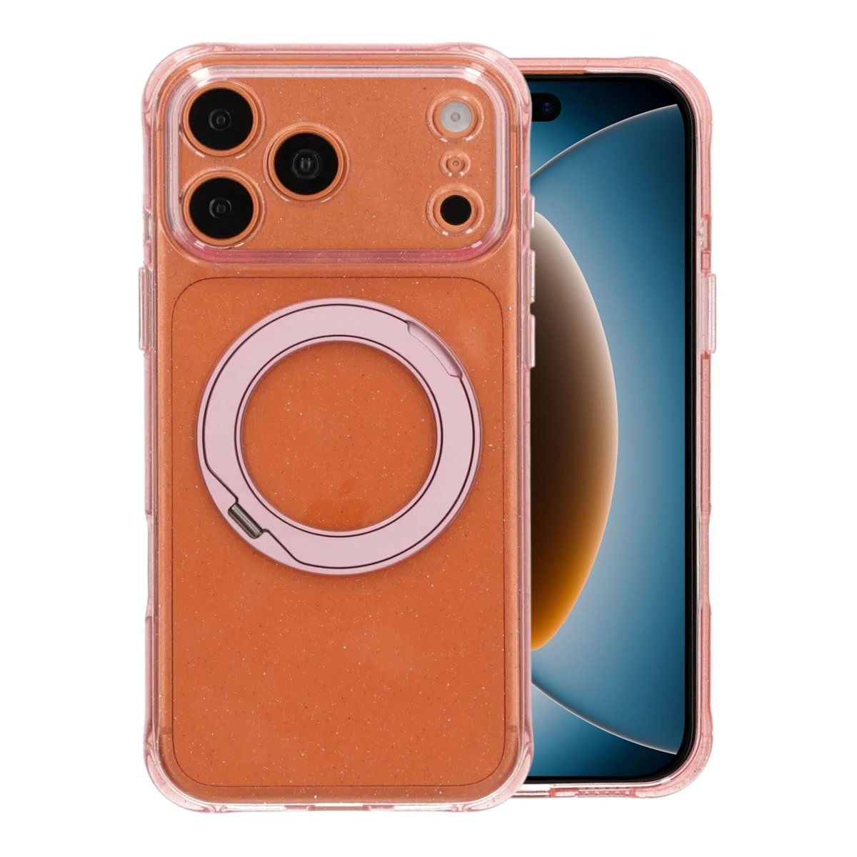 iPhone 17 Pro/iPhone 18 Pro Cover med glitter, stativ og MagSafe Lyserød