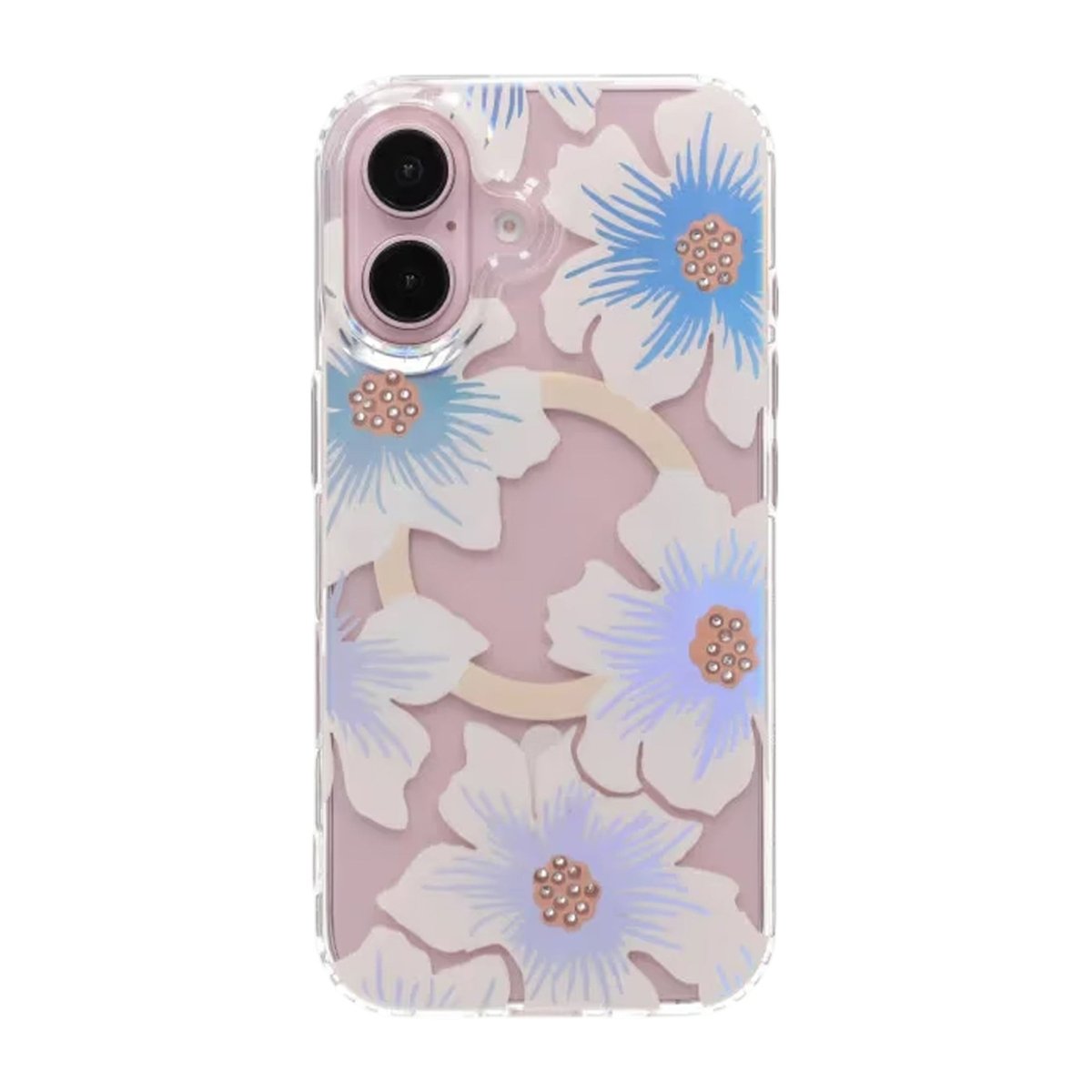 iPhone 16 Cover med blomstret strass MagSafe Blå Lilla