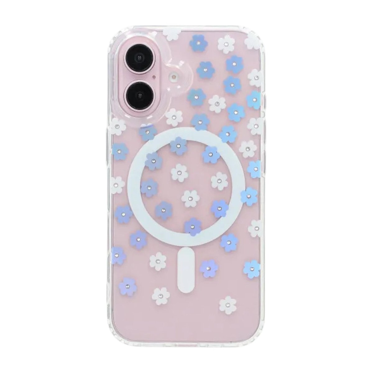 iPhone 16 Cover med blomstret strass MagSafe Blå