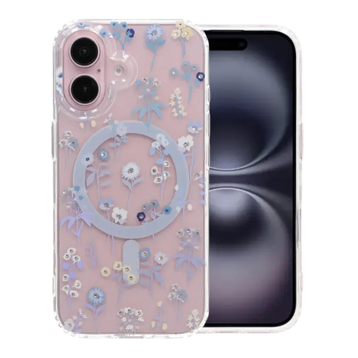 iPhone 16 Cover med blomstret strass MagSafe Lilla