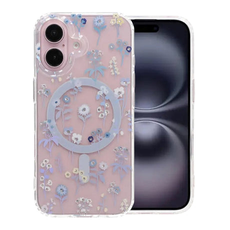 iPhone 16 Cover med blomstret strass MagSafe Lilla