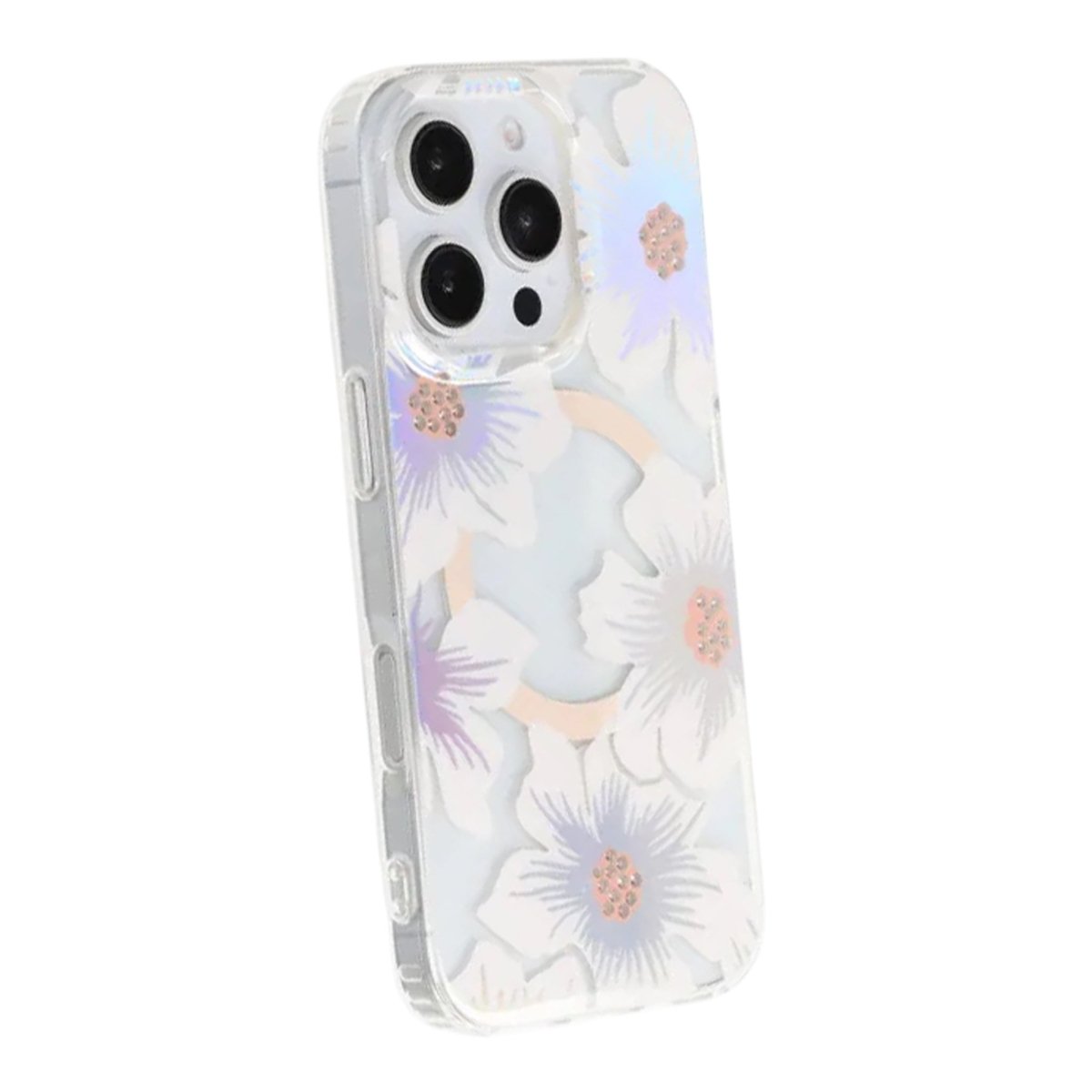 iPhone 16 Pro Cover med blomstret strass MagSafe Blå Lilla