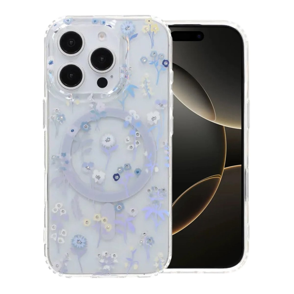 iPhone 16 Pro Max Cover med blomstret strass MagSafe Lilla
