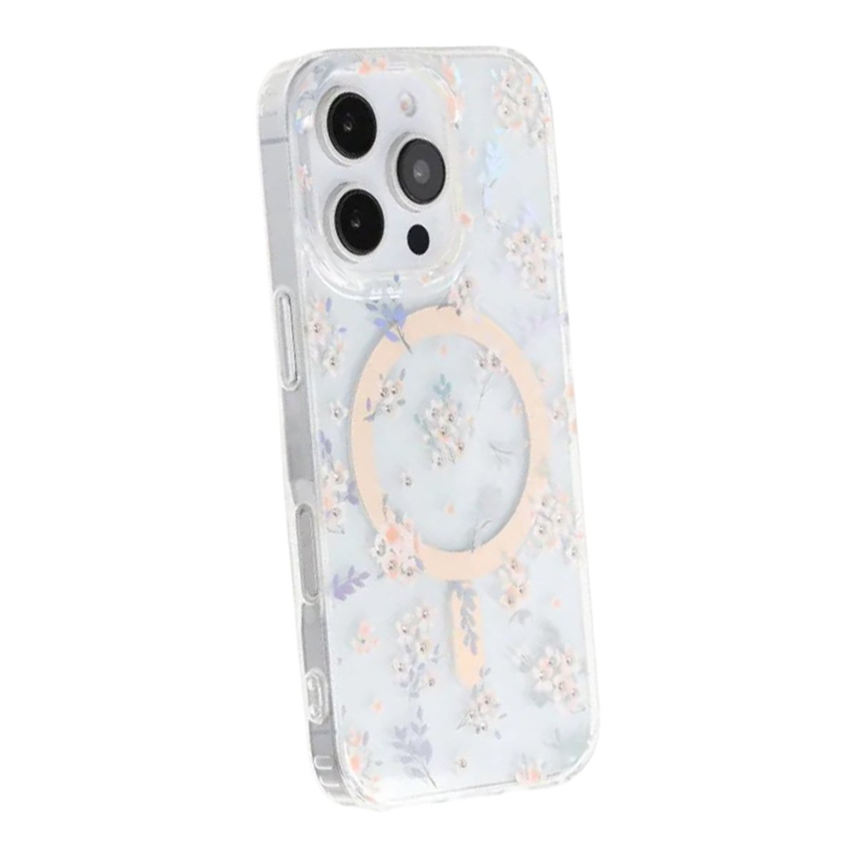 iPhone 16 Pro Max Cover med blomstret strass MagSafe Lyserød