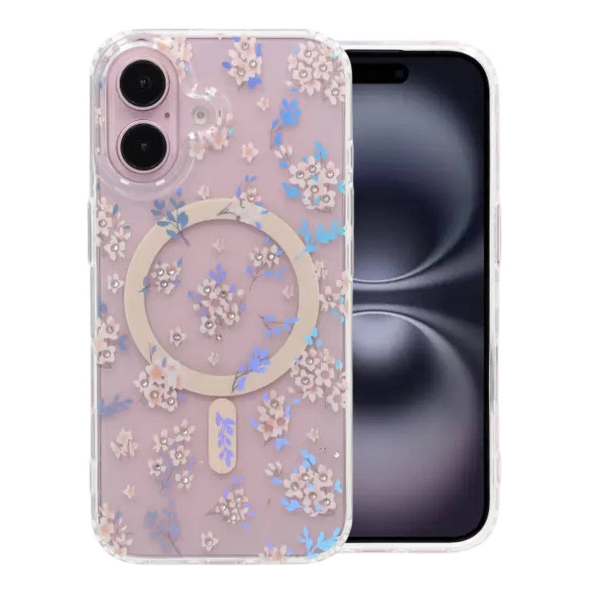 iPhone 16 Cover med blomstret strass MagSafe Lyserød
