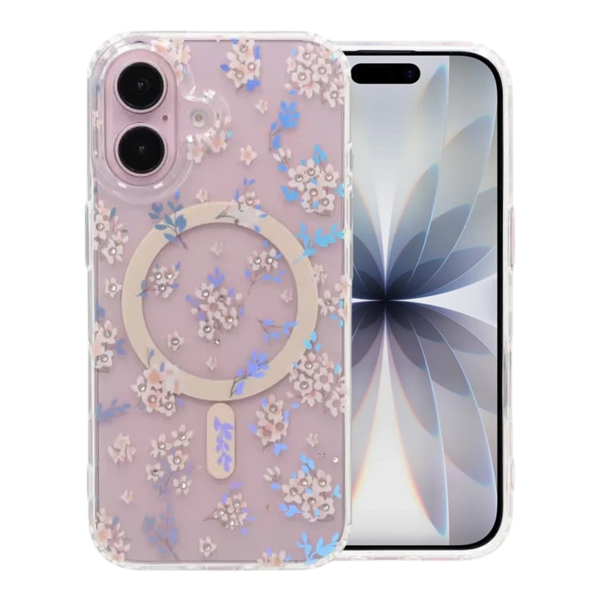 iPhone 17 Cover med blomstret strass MagSafe Lyserød