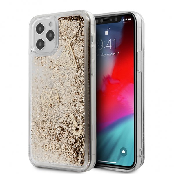 Guess iPhone 12 Pro Max Cover Liquid Glitter Charms Guld