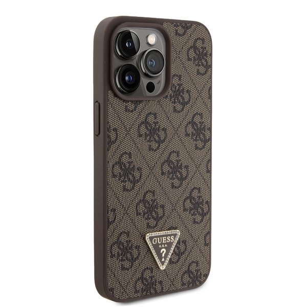 Guess iPhone 15 Pro Max Cover Metal Logo Rhinstens Crossbody Strap Brun