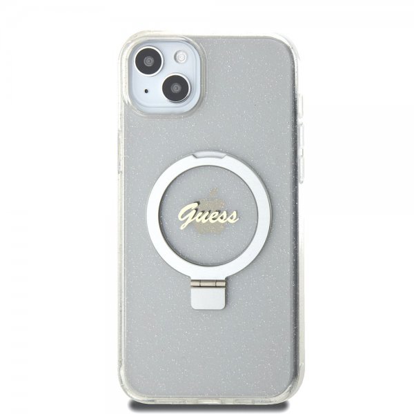 Guess iPhone 15 Plus Cover Ring Stand Glitter MagSafe Transparent