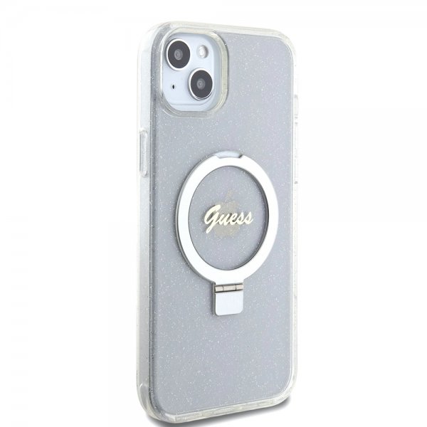 Guess iPhone 15 Plus Cover Ring Stand Glitter MagSafe Transparent