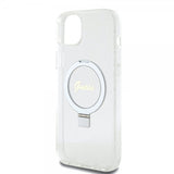 Guess iPhone 15 Plus Cover Ring Stand Glitter MagSafe Transparent