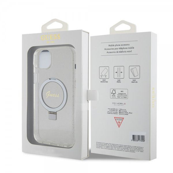 Guess iPhone 15 Plus Cover Ring Stand Glitter MagSafe Transparent