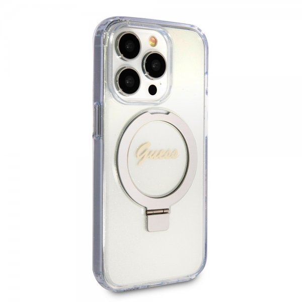 Guess iPhone 15 Pro Max Cover Ring Stand Glitter MagSafe Transparent