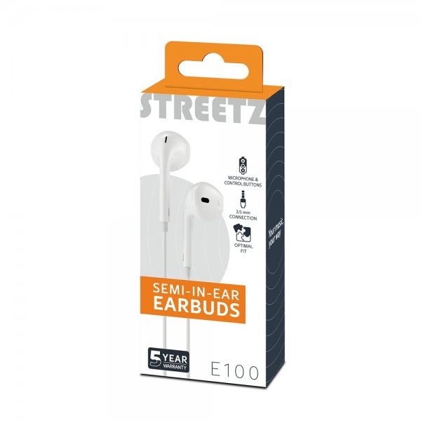 Streetz Hovedtelefoner E100 Semi-In-Ear Høretelefoner 3.5mm Hvid