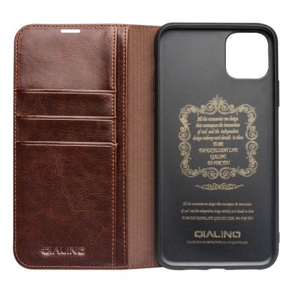 Qialino iPhone 11 Pro Max Etui Ægte Læder Kortlomme Brun