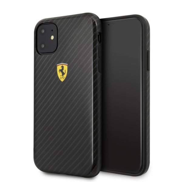 Ferrari iPhone 11 Cover Kulfibertekstur Gult Logo Sort