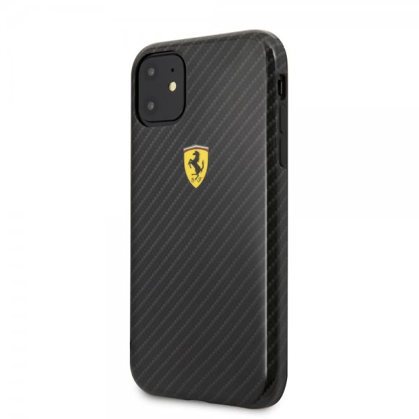 Ferrari iPhone 11 Cover Kulfibertekstur Gult Logo Sort