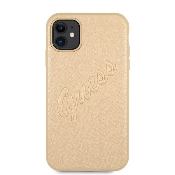 Guess iPhone 11 Cover Saffiano Vintage Script Guld
