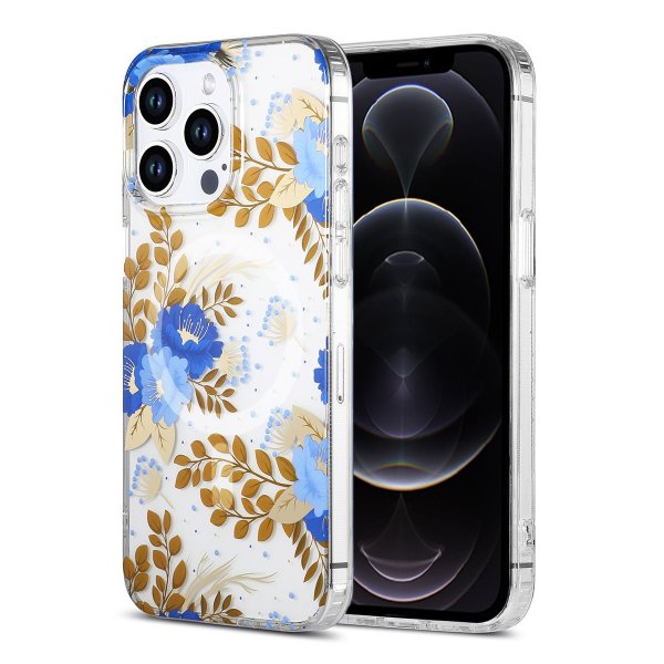 iPhone 12 Pro Max Cover Blomstermønster MagSafe Blå Guld