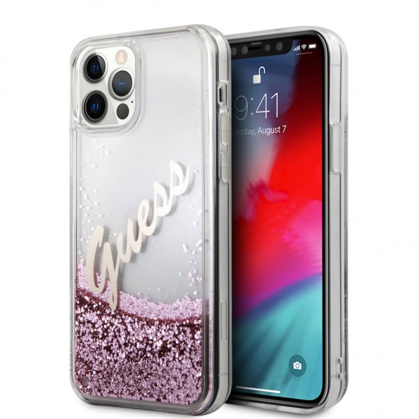 Guess iPhone 12 Pro Max Cover Liquid Glitter Vintage Pink