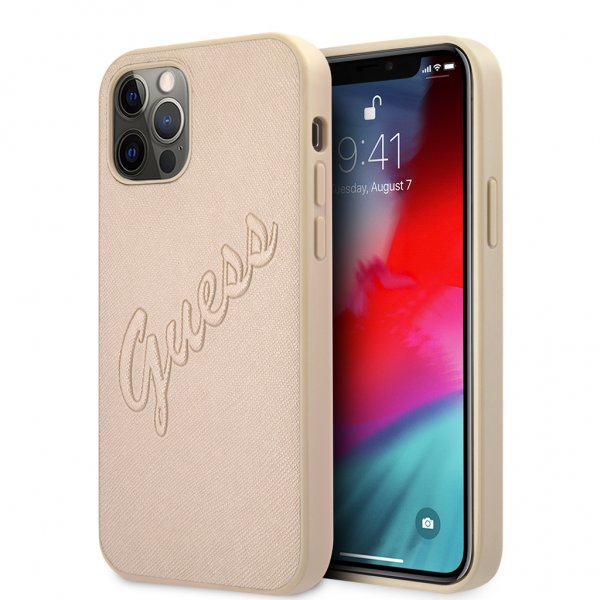 Guess iPhone 12 Pro Max Cover Saffiano Vintage Script Guld