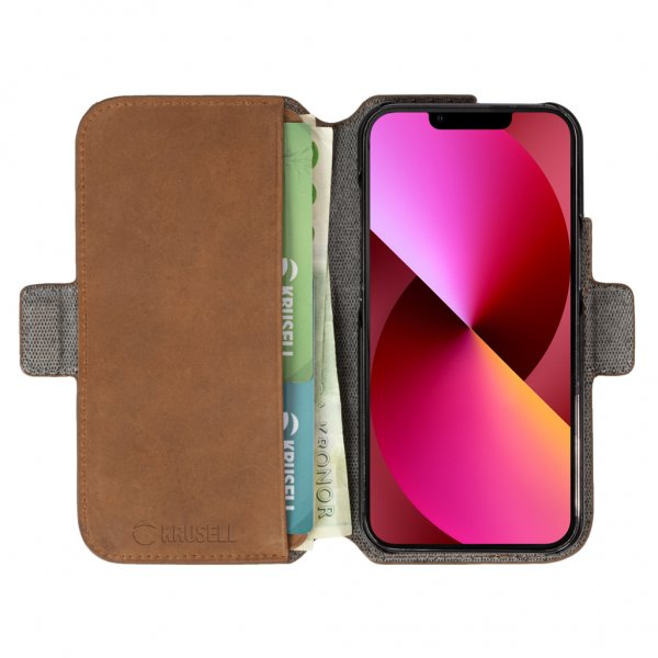 Krusell iPhone 13 Etui Leather PhoneWallet Cognac