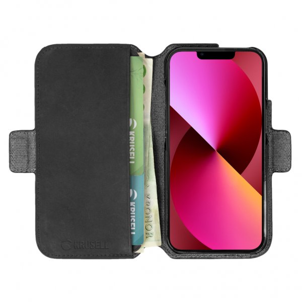 Krusell iPhone 13 Etui Leather PhoneWallet Sort