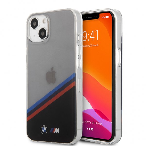 BMW iPhone 13 Mini Cover Tricolor Stripe Transparent Sort