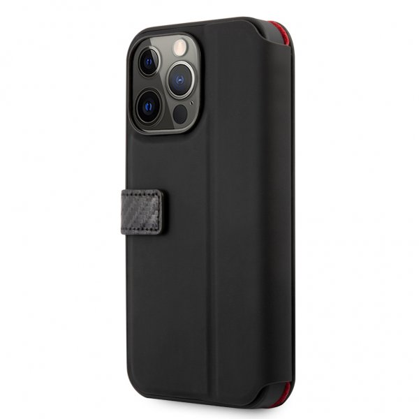 Ferrari iPhone 13 Pro Cover Carbon Effect Metal Logo Vertical Stripe Sort
