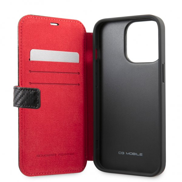 Ferrari iPhone 13 Pro Cover Carbon Effect Metal Logo Vertical Stripe Sort