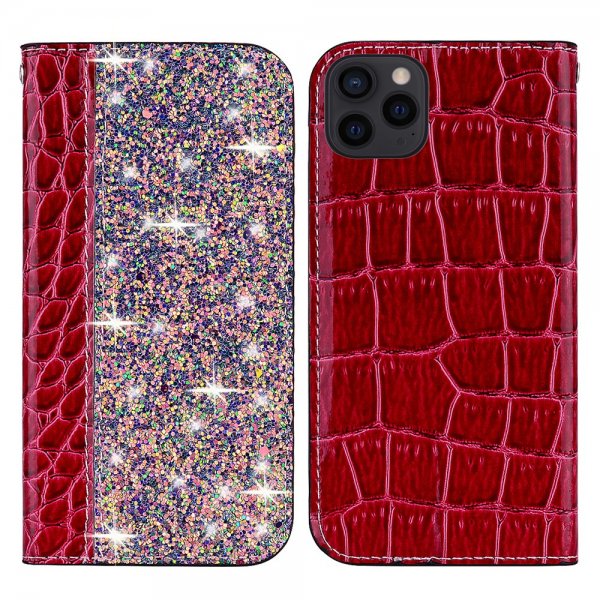 iPhone 13 Pro Etui Krokodillemønster Glitter Flip Rød