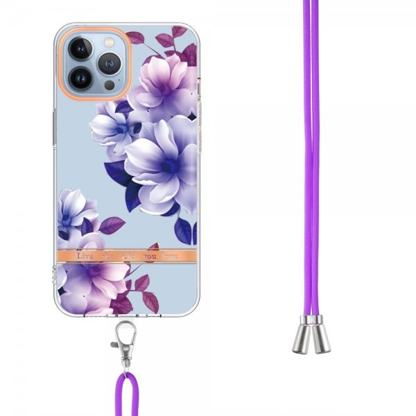 iPhone 13 Pro Max Cover Blomstermønster Rem Lilla Begonia