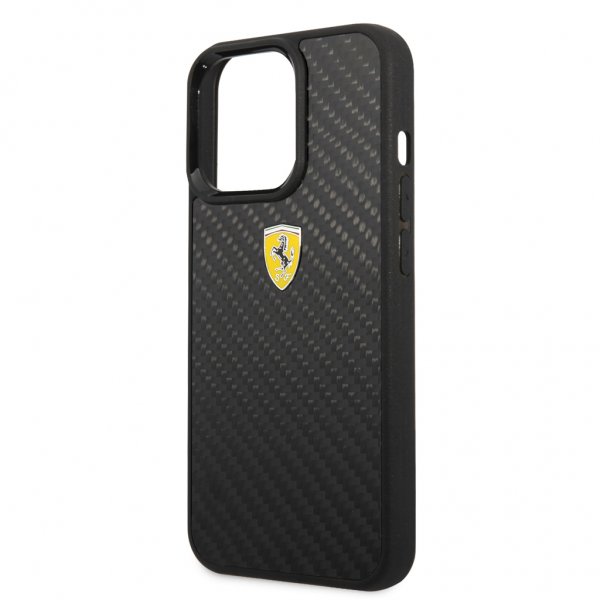 Ferrari iPhone 13 Pro Max Cover Ægte Carbon Metal Logo Sort