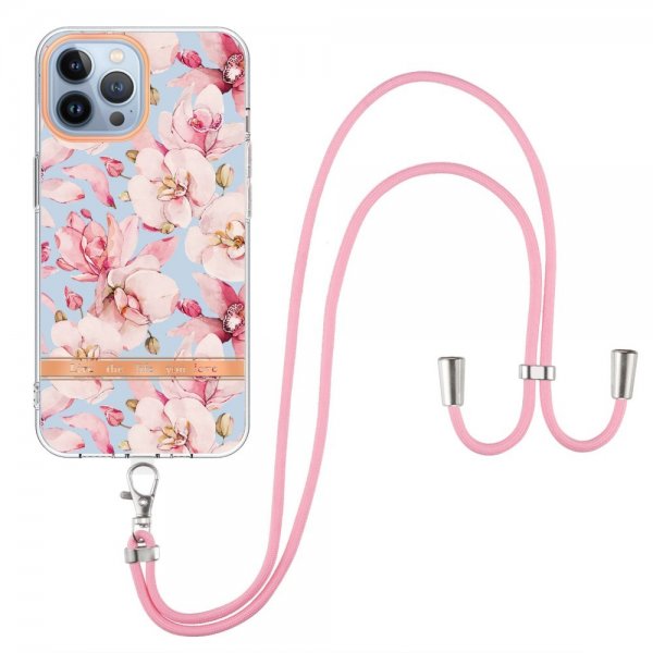 iPhone 13 Pro Cover Blomstermønster Rem Rosa Gardenia