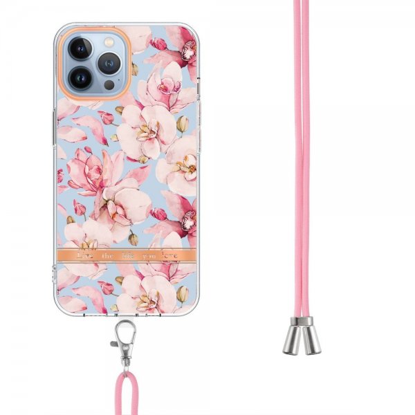 iPhone 13 Pro Cover Blomstermønster Rem Rosa Gardenia