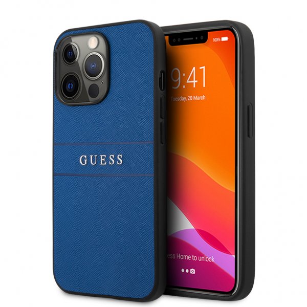 Guess iPhone 13 Pro Cover Hot Stamp Metal Logo Blå