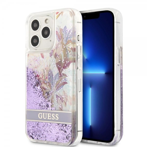 Guess iPhone 13 Pro Cover Liquid Glitter Flower Pattern Lilla