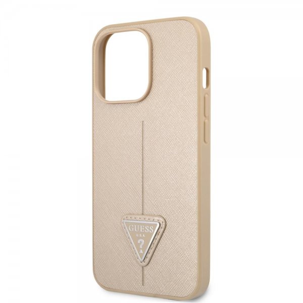 Guess iPhone 13 Pro Cover Saffiano Metal Triangle Beige