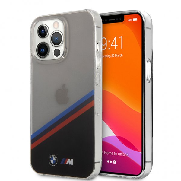 BMW iPhone 13 Pro Cover Tricolor Stripe Transparent Sort