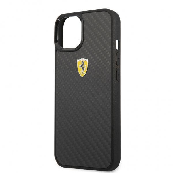 Ferrari iPhone 13 Cover Ægte Carbon Metal Logo Sort