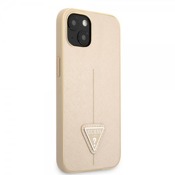 Guess iPhone 13 Cover Saffiano Metal Triangle Beige