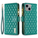 iPhone 14 Plus Cover Rhombusmønster Lynlås Grøn