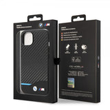 BMW iPhone 14 Plus Cover Carbon Effect Printed Logo Sort